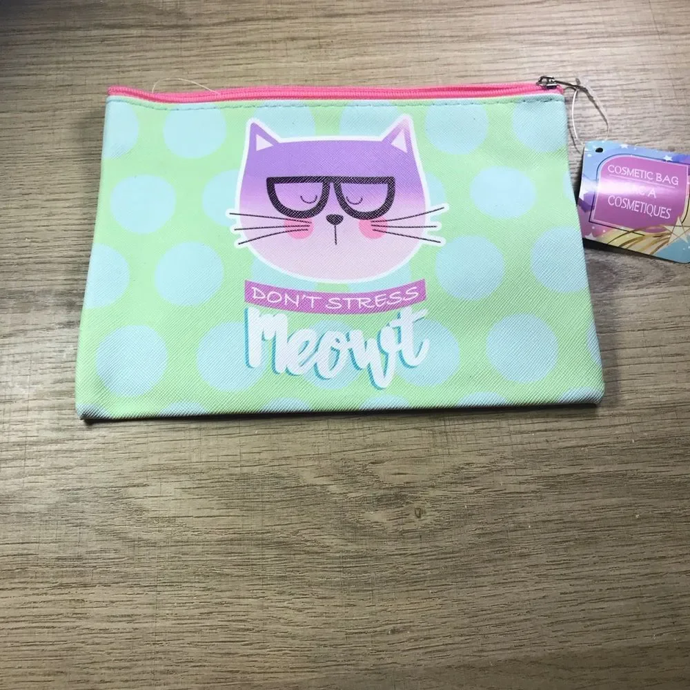 Chic Cat Makeup Bag Pouch with Purple and Green Design